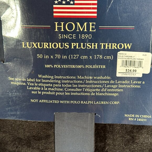 NWT U.S. Polo Assn Home Luxurious Solid Black Plush Throw 50" x 70" Blanket - Picture 3 of 4